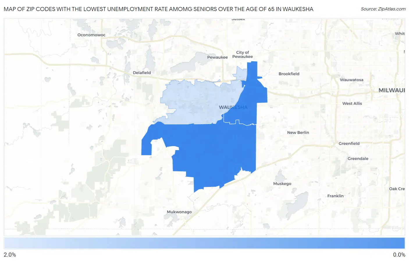 Zip Codes with the Lowest Unemployment Rate Amomg Seniors Over the Age of 65 in Waukesha Map