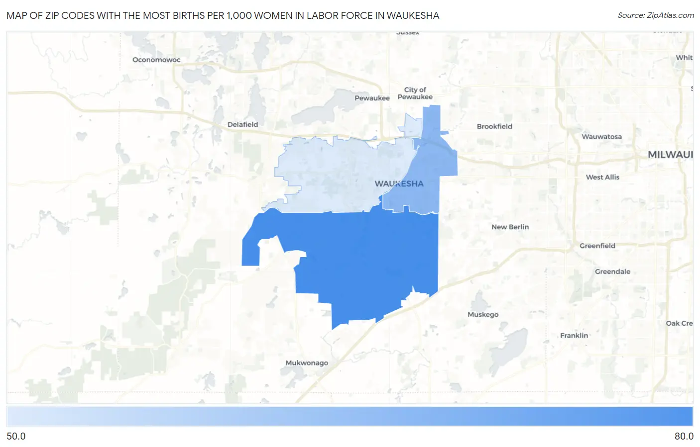 Zip Codes with the Most Births per 1,000 Women in Labor Force in Waukesha Map