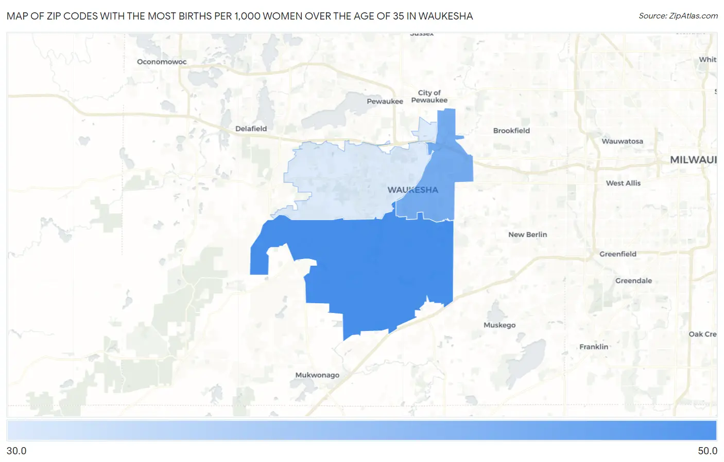 Zip Codes with the Most Births per 1,000 Women Over the Age of 35 in Waukesha Map