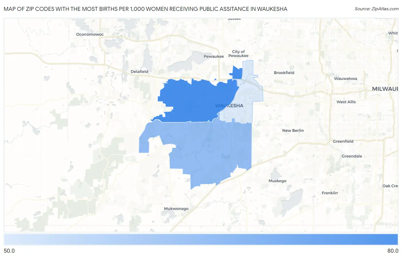 Zip Codes with the Most Births per 1,000 Women Receiving Public Assitance in Waukesha Map