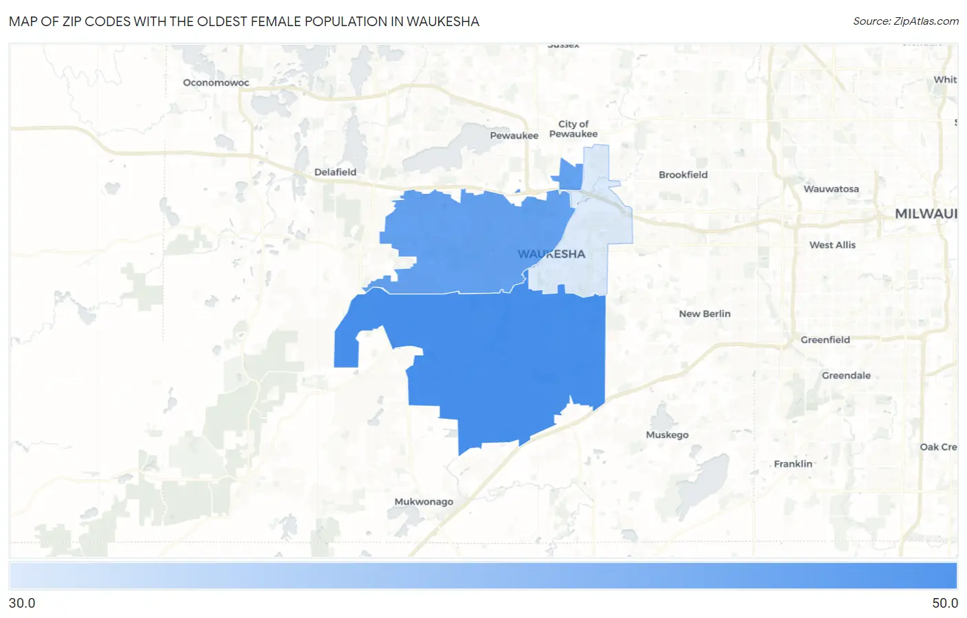 Zip Codes with the Oldest Female Population in Waukesha Map