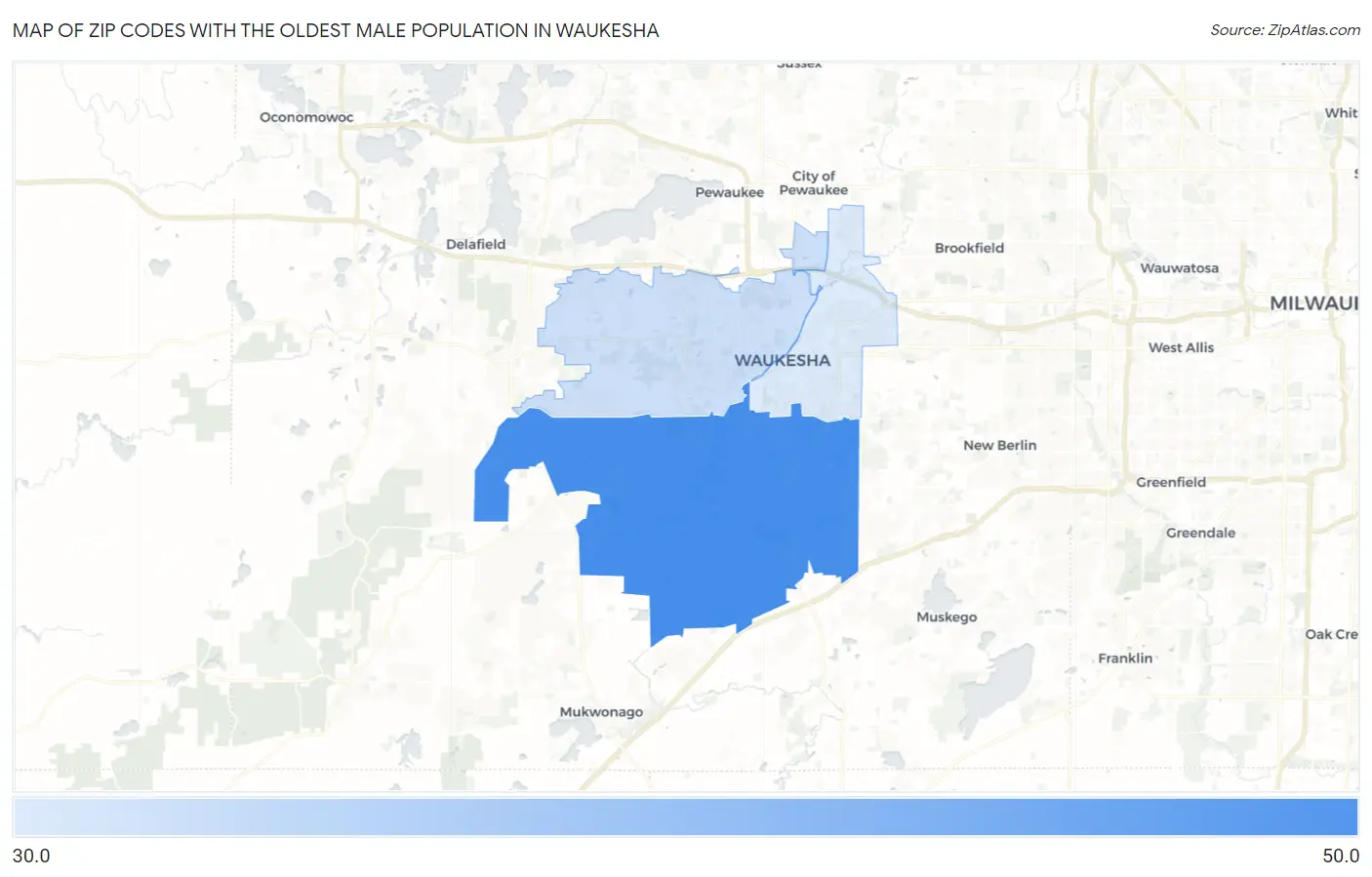 Zip Codes with the Oldest Male Population in Waukesha Map