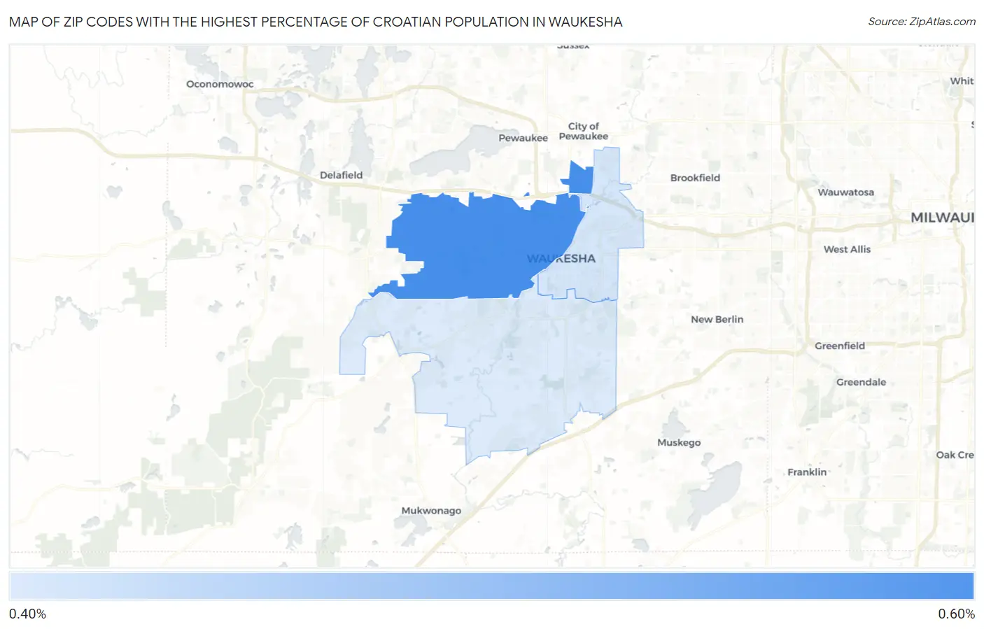 Zip Codes with the Highest Percentage of Croatian Population in Waukesha Map