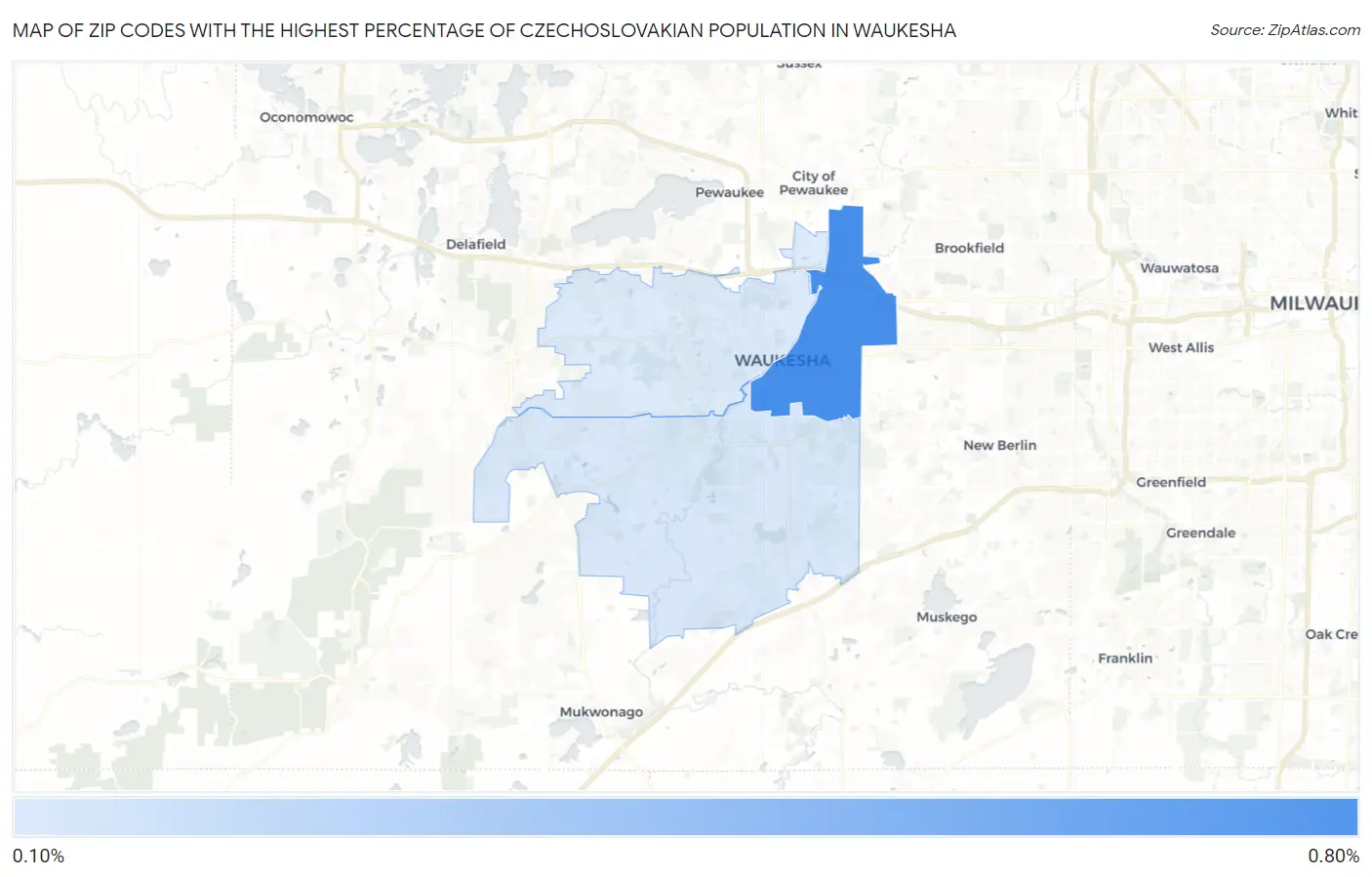 Zip Codes with the Highest Percentage of Czechoslovakian Population in Waukesha Map