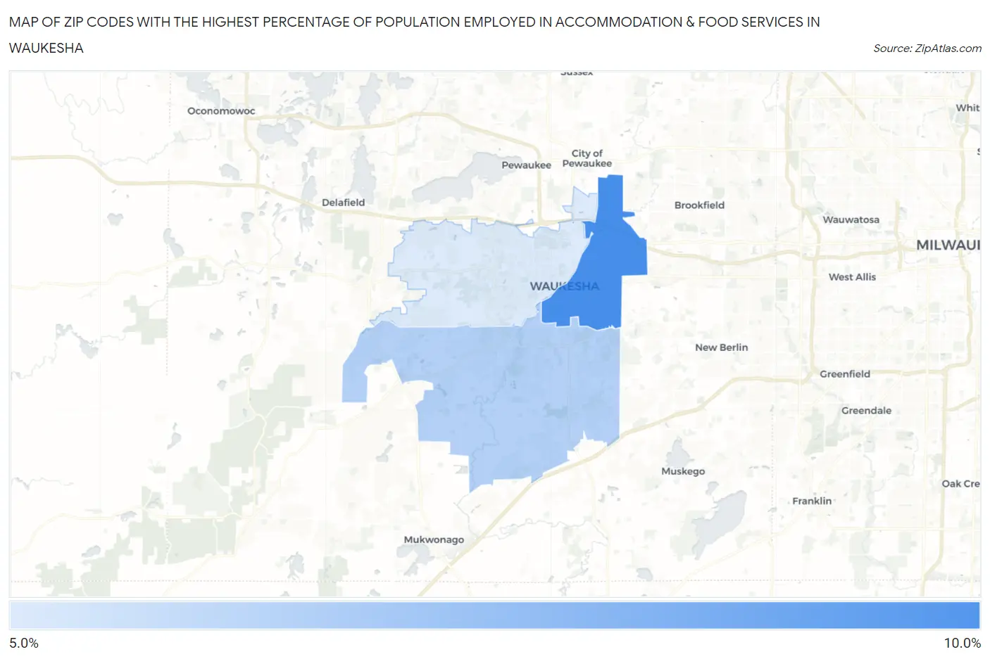 Zip Codes with the Highest Percentage of Population Employed in Accommodation & Food Services in Waukesha Map
