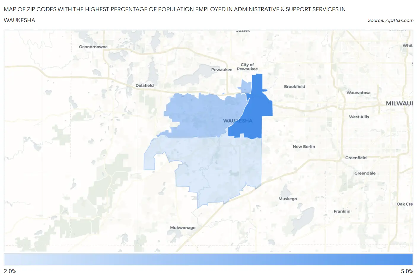 Zip Codes with the Highest Percentage of Population Employed in Administrative & Support Services in Waukesha Map
