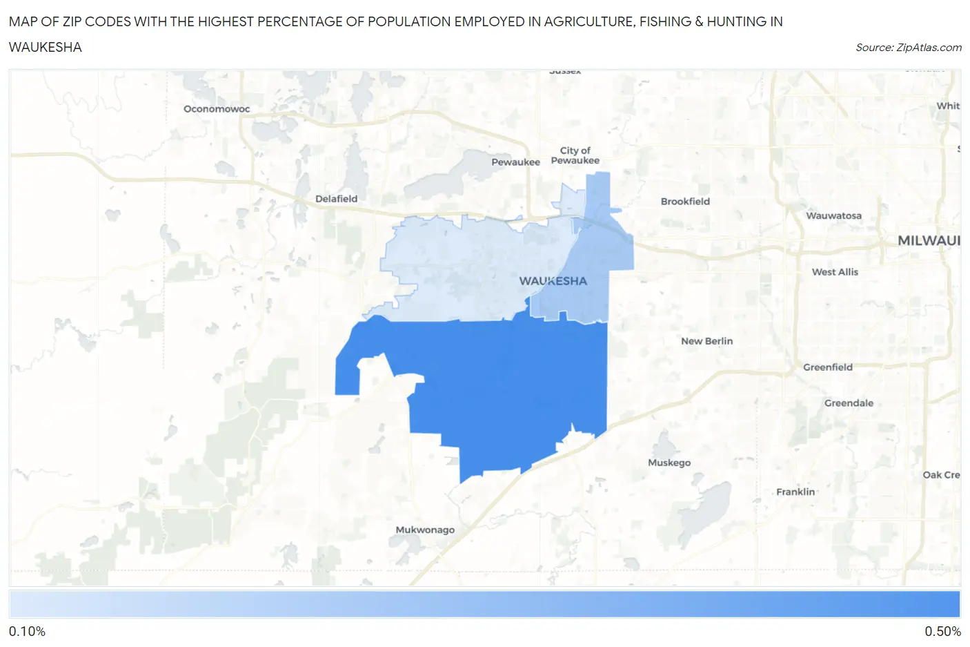 Zip Codes with the Highest Percentage of Population Employed in Agriculture, Fishing & Hunting in Waukesha Map