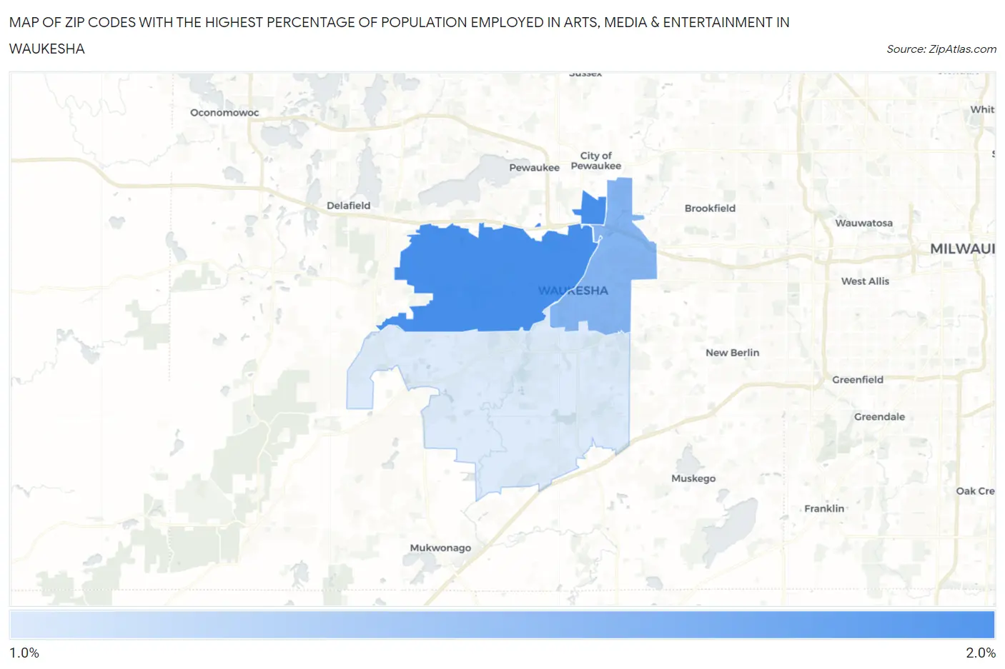 Zip Codes with the Highest Percentage of Population Employed in Arts, Media & Entertainment in Waukesha Map