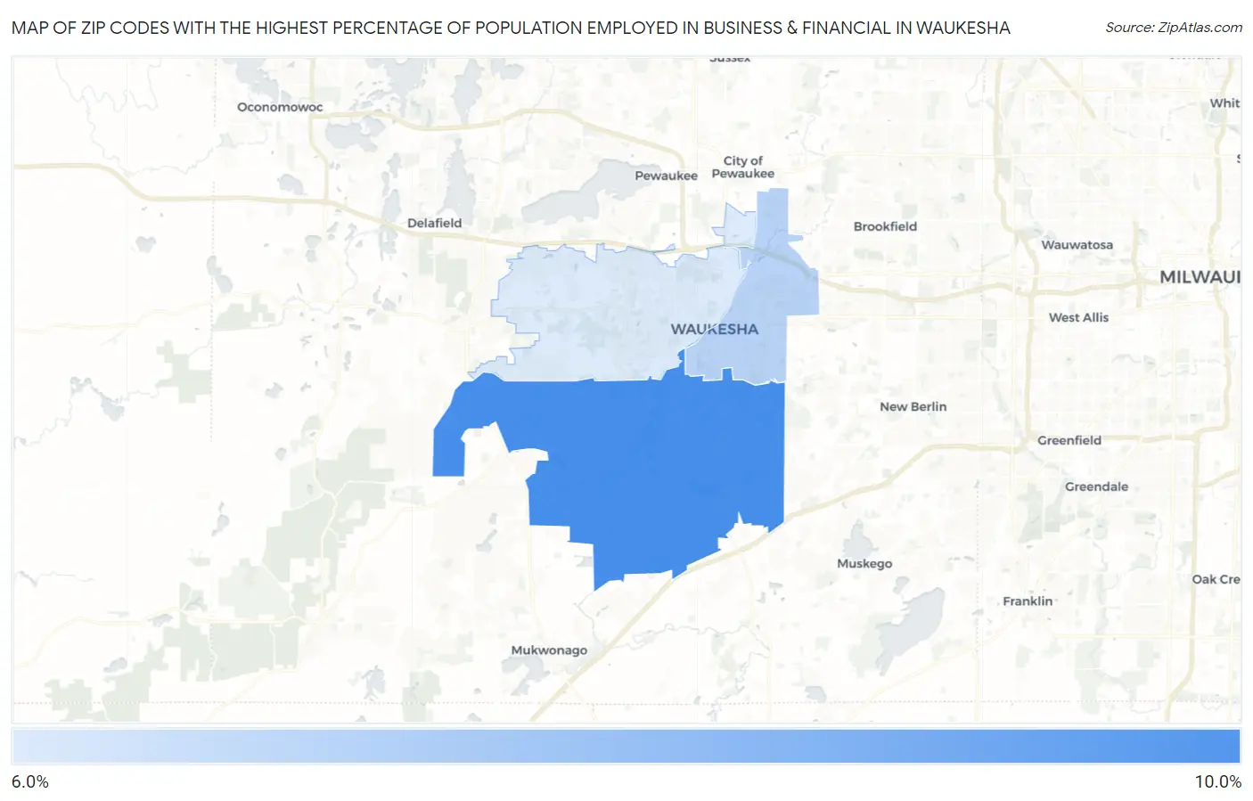 Zip Codes with the Highest Percentage of Population Employed in Business & Financial in Waukesha Map
