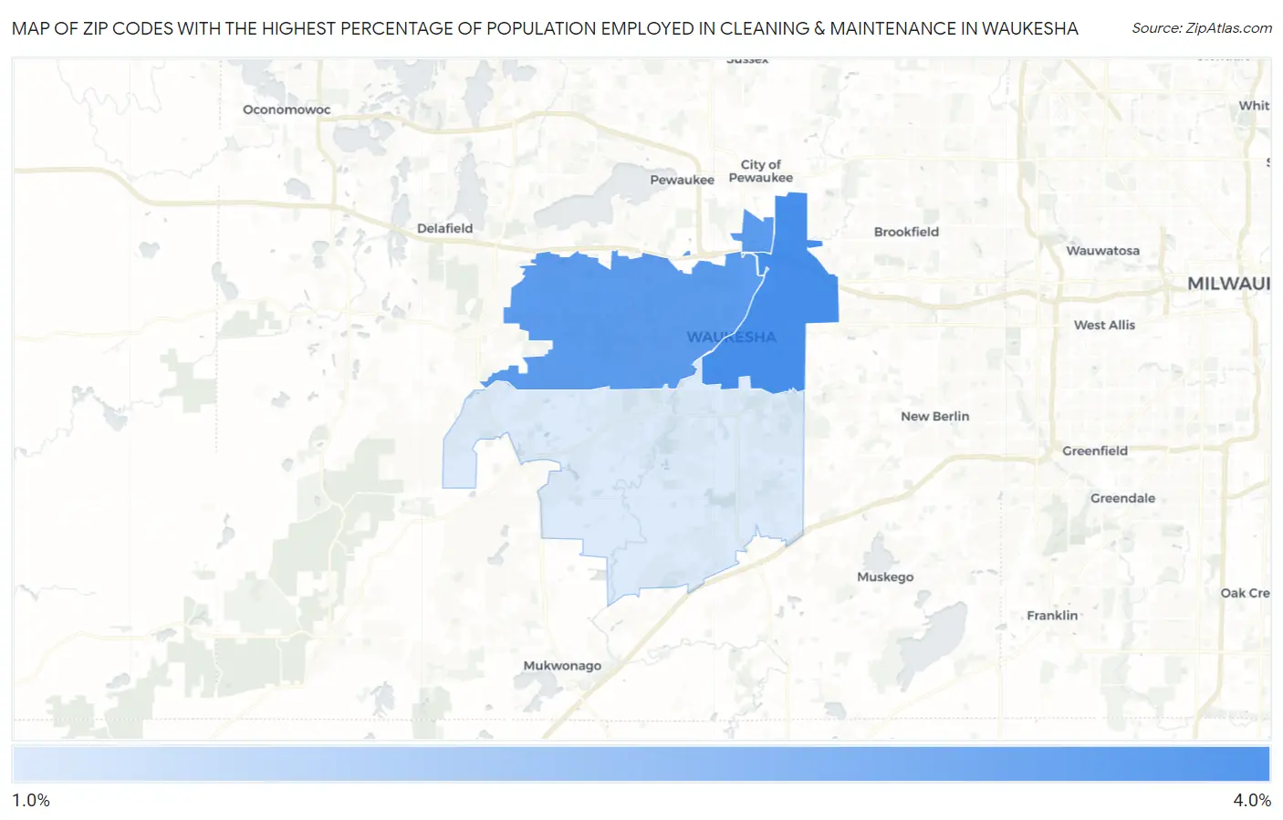 Zip Codes with the Highest Percentage of Population Employed in Cleaning & Maintenance in Waukesha Map