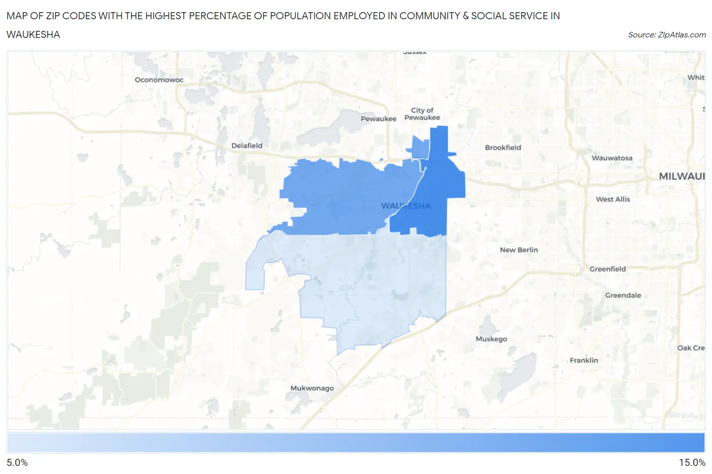 Zip Codes with the Highest Percentage of Population Employed in Community & Social Service  in Waukesha Map