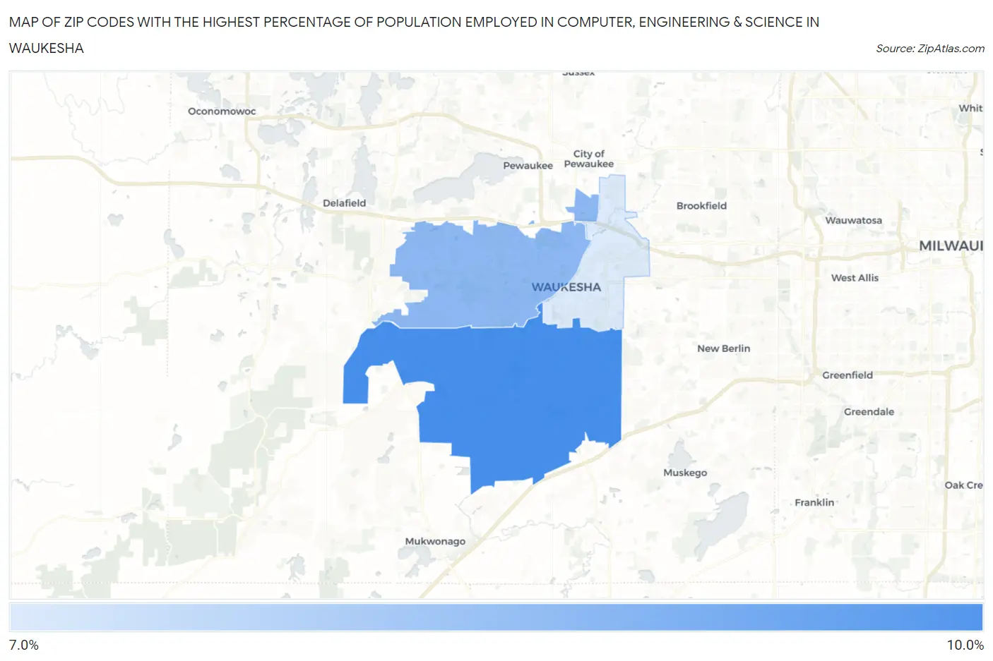 Zip Codes with the Highest Percentage of Population Employed in Computer, Engineering & Science in Waukesha Map