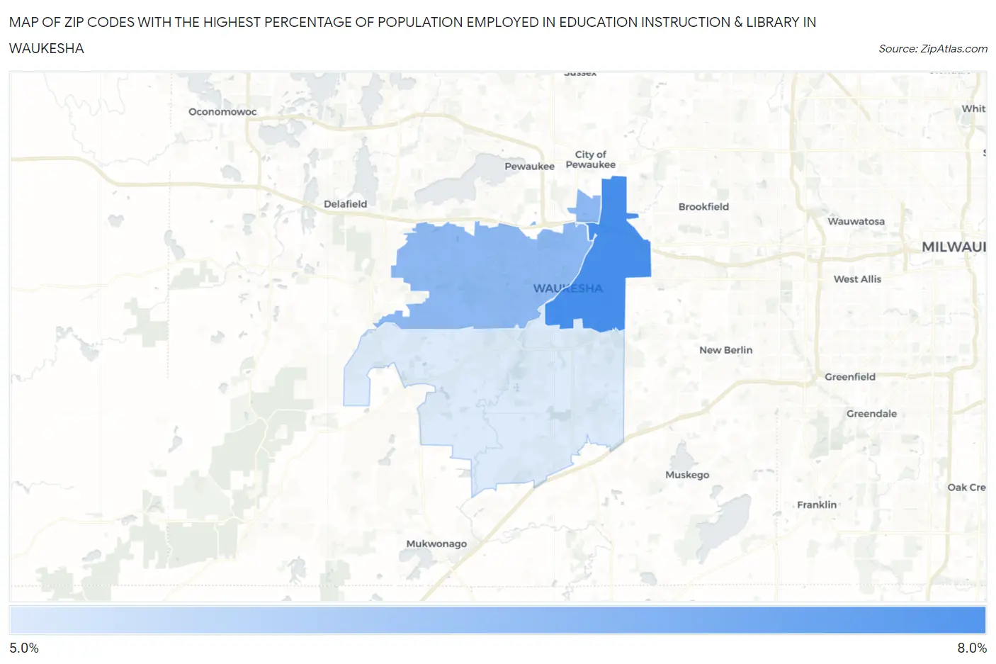 Zip Codes with the Highest Percentage of Population Employed in Education Instruction & Library in Waukesha Map