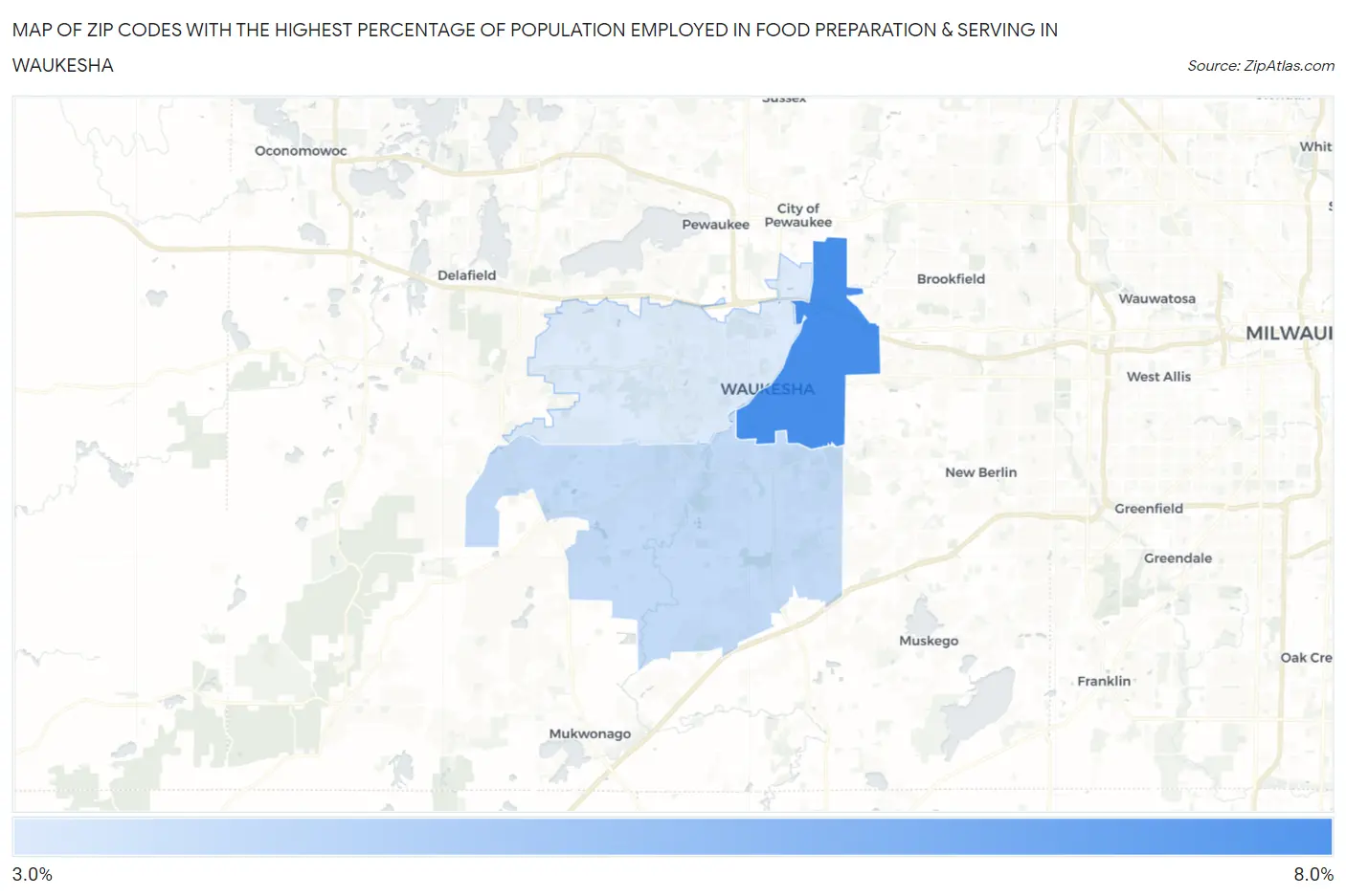 Zip Codes with the Highest Percentage of Population Employed in Food Preparation & Serving in Waukesha Map