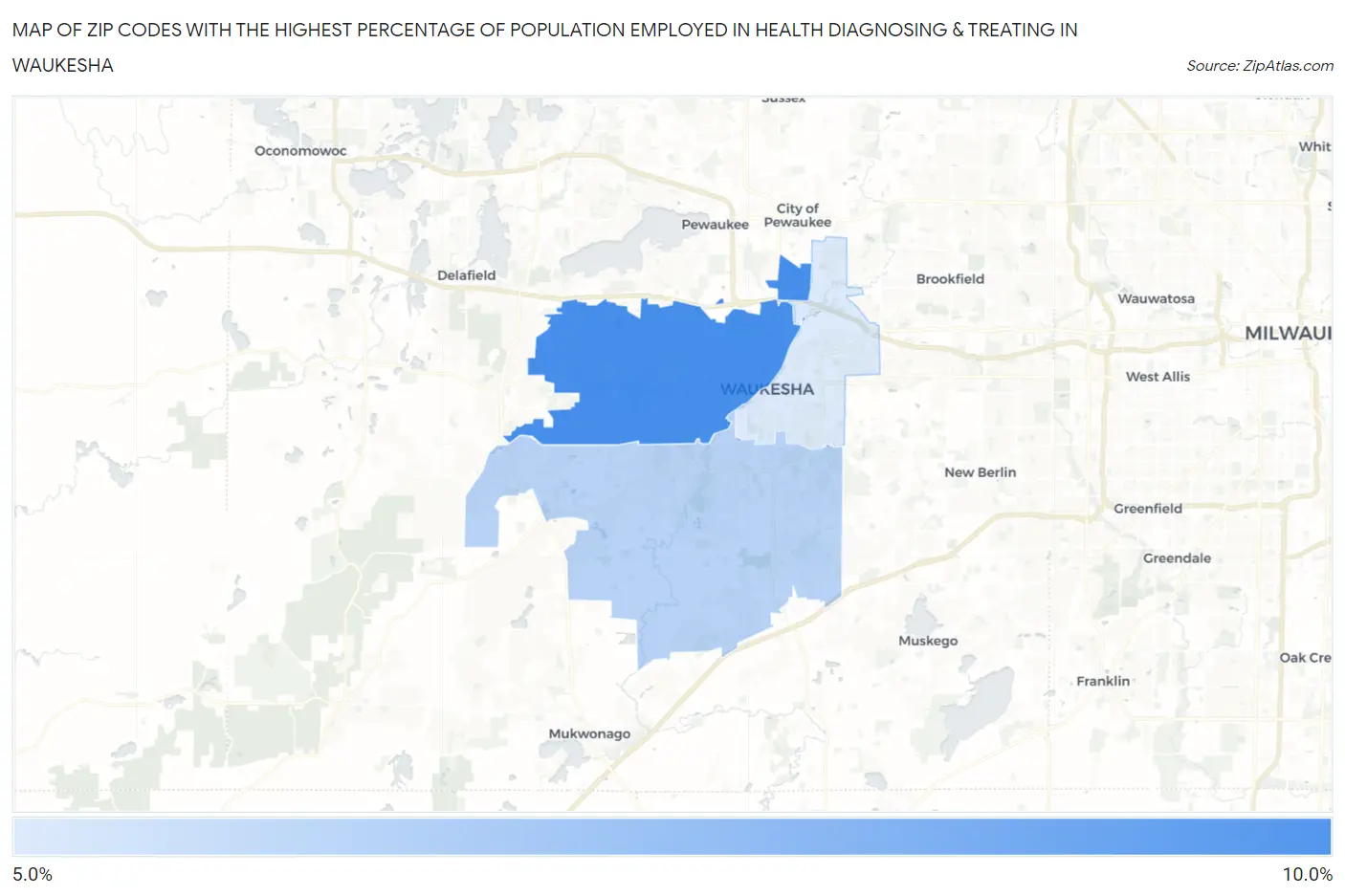 Zip Codes with the Highest Percentage of Population Employed in Health Diagnosing & Treating in Waukesha Map