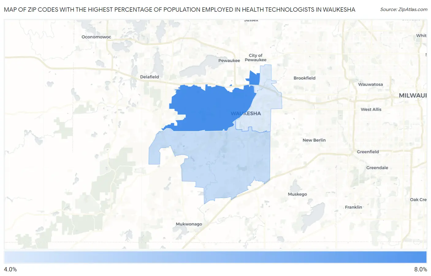 Zip Codes with the Highest Percentage of Population Employed in Health Technologists in Waukesha Map