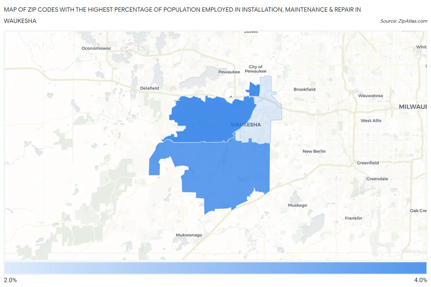 Zip Codes with the Highest Percentage of Population Employed in Installation, Maintenance & Repair in Waukesha Map