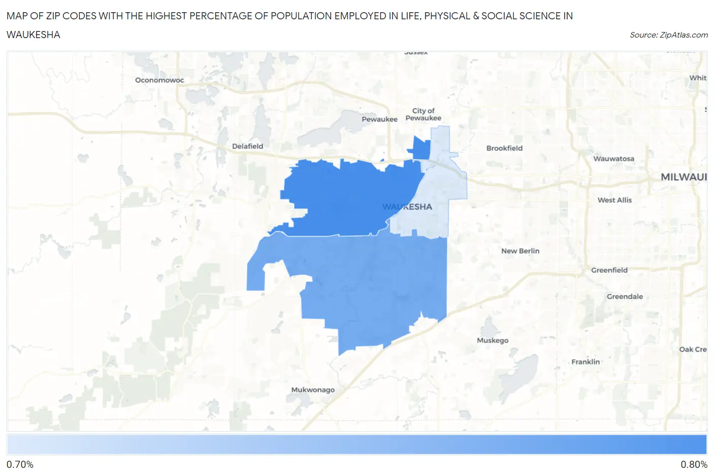 Zip Codes with the Highest Percentage of Population Employed in Life, Physical & Social Science in Waukesha Map