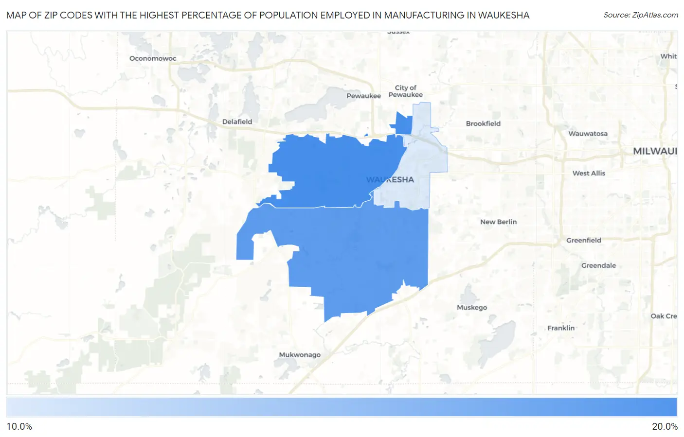 Zip Codes with the Highest Percentage of Population Employed in Manufacturing in Waukesha Map