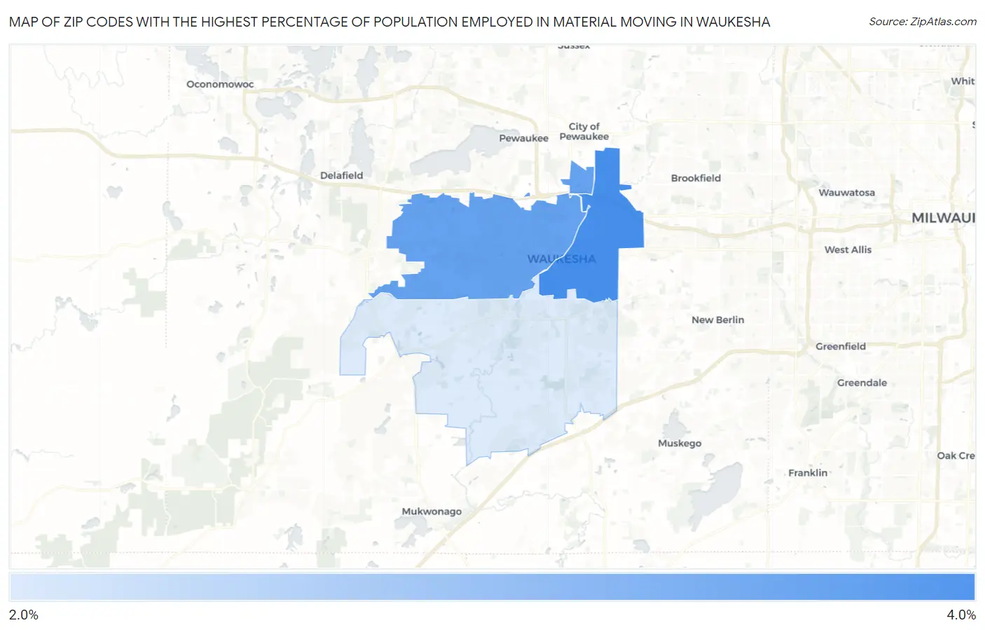 Zip Codes with the Highest Percentage of Population Employed in Material Moving in Waukesha Map