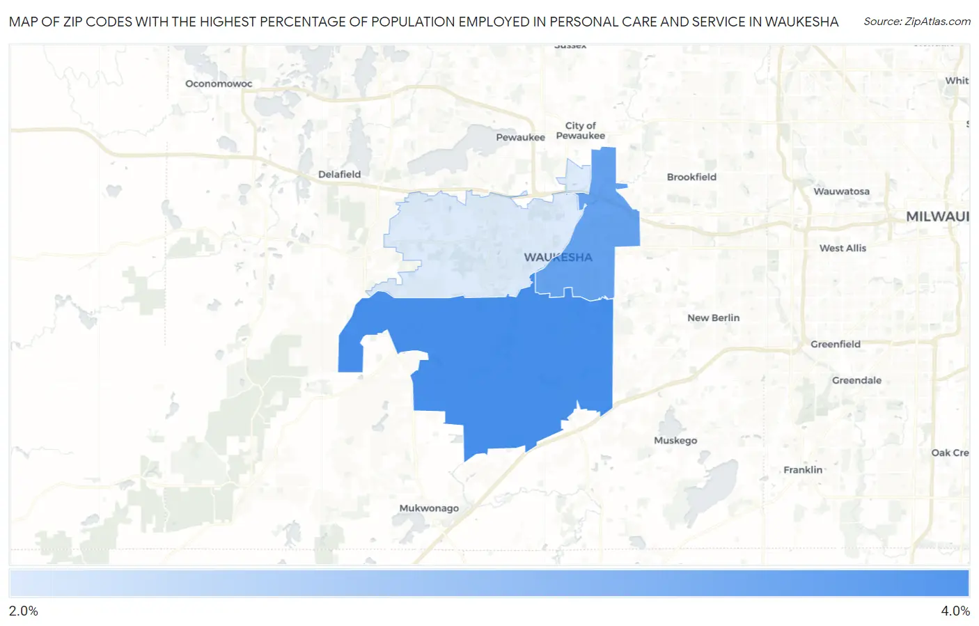Zip Codes with the Highest Percentage of Population Employed in Personal Care and Service in Waukesha Map
