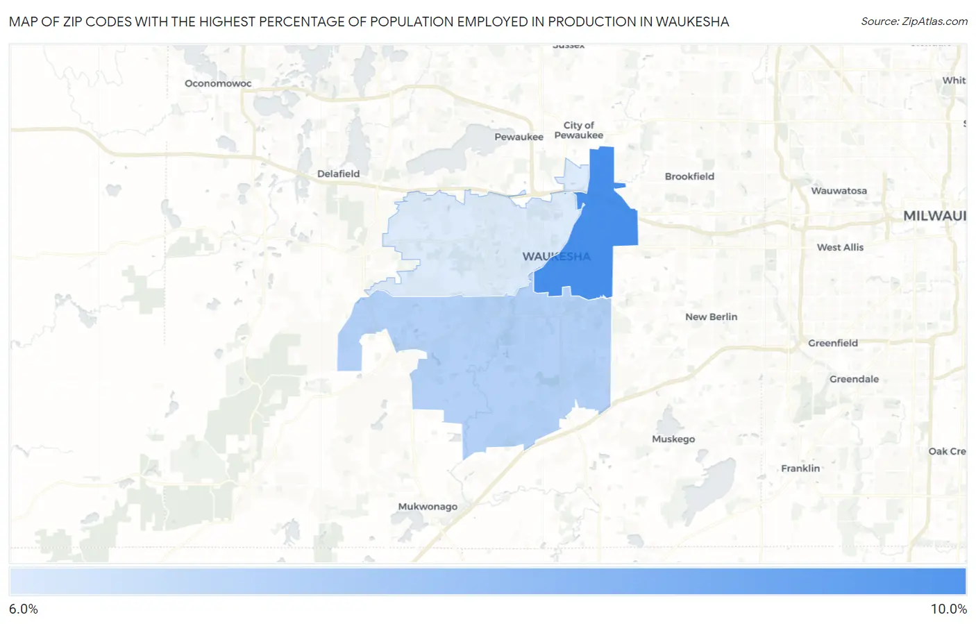 Zip Codes with the Highest Percentage of Population Employed in Production in Waukesha Map