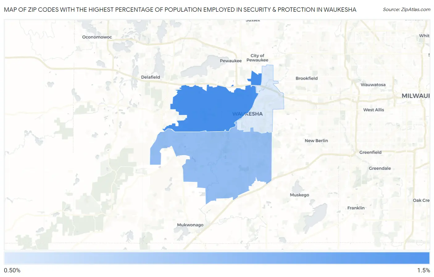 Zip Codes with the Highest Percentage of Population Employed in Security & Protection in Waukesha Map