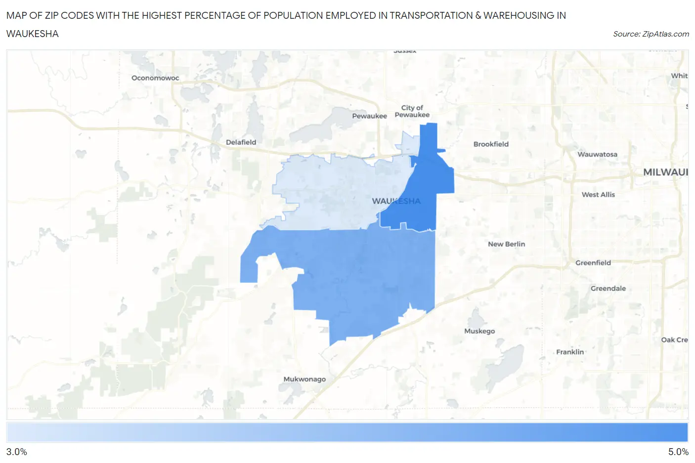 Zip Codes with the Highest Percentage of Population Employed in Transportation & Warehousing in Waukesha Map