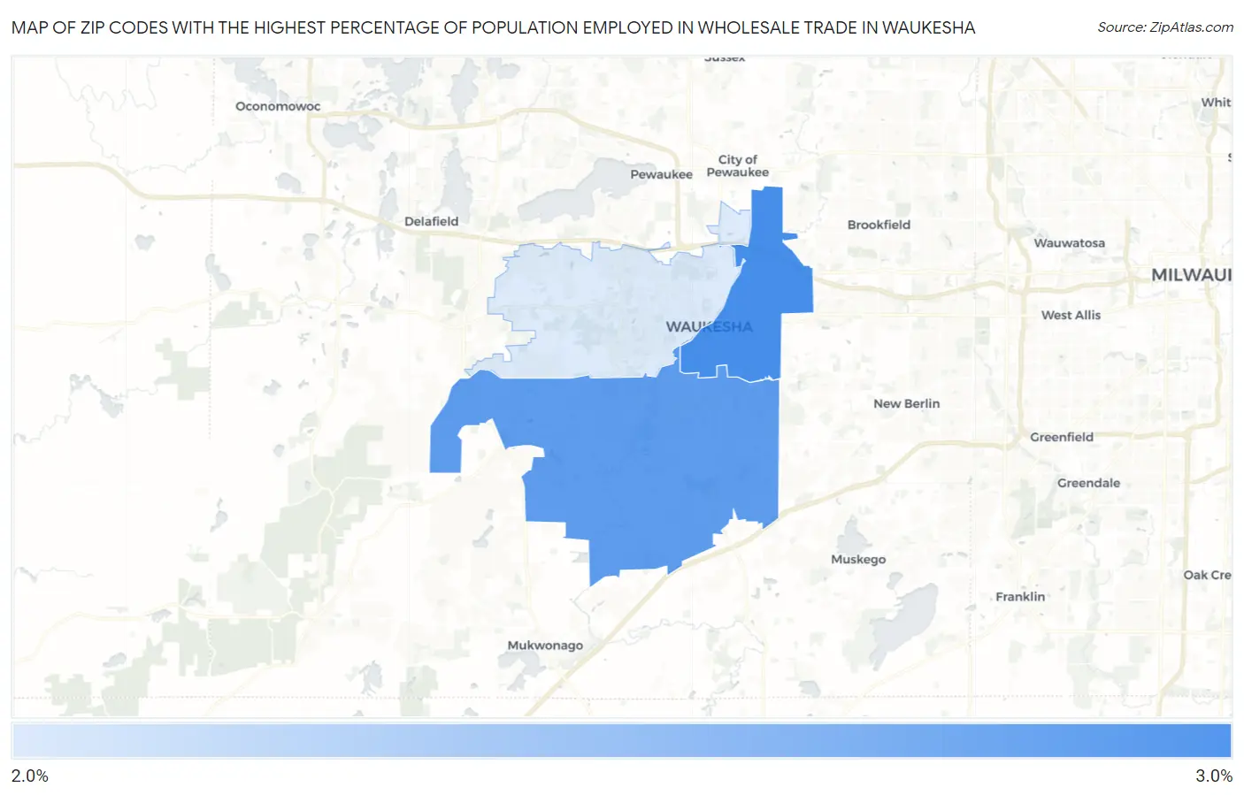Zip Codes with the Highest Percentage of Population Employed in Wholesale Trade in Waukesha Map