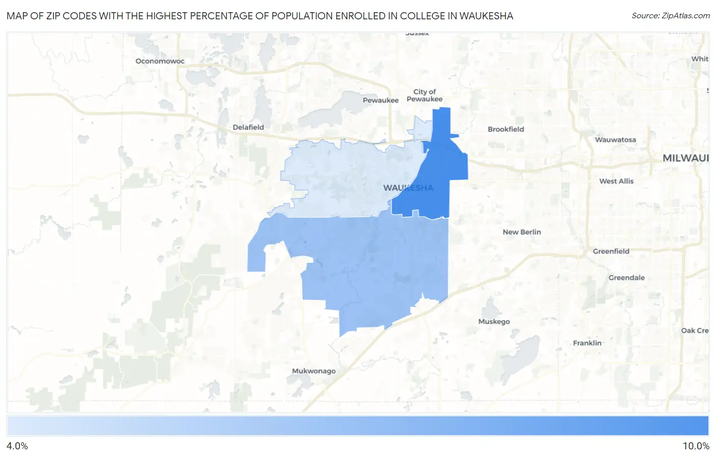 Zip Codes with the Highest Percentage of Population Enrolled in College in Waukesha Map