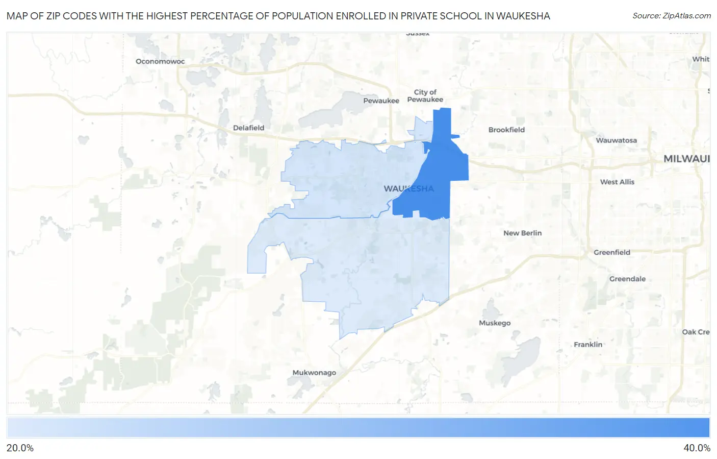 Zip Codes with the Highest Percentage of Population Enrolled in Private School in Waukesha Map