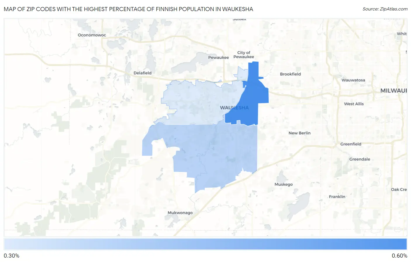 Zip Codes with the Highest Percentage of Finnish Population in Waukesha Map