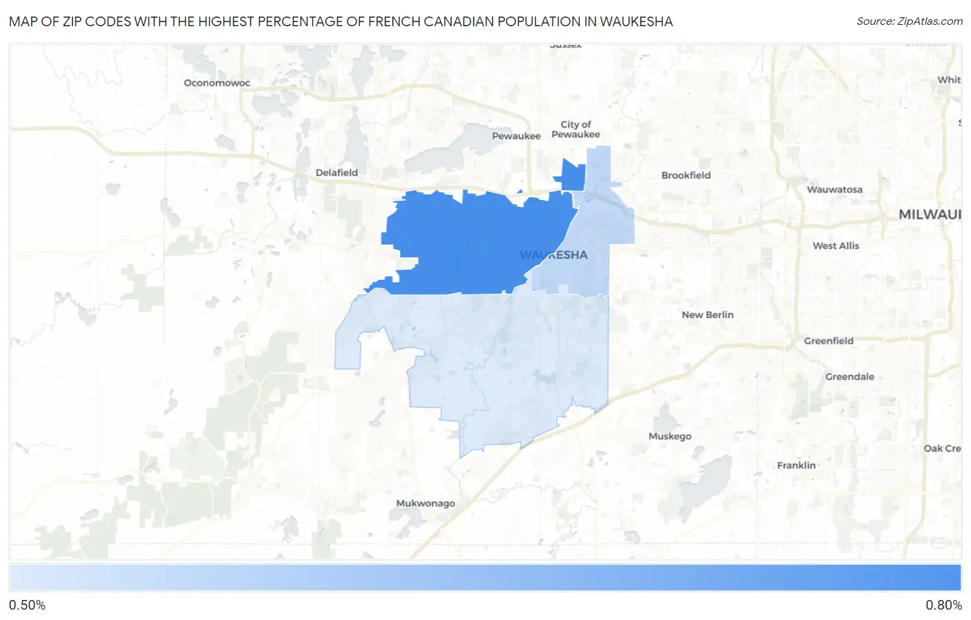 Zip Codes with the Highest Percentage of French Canadian Population in Waukesha Map