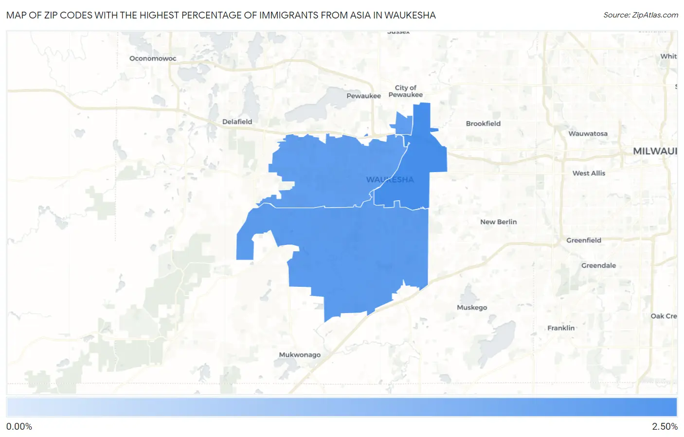 Zip Codes with the Highest Percentage of Immigrants from Asia in Waukesha Map