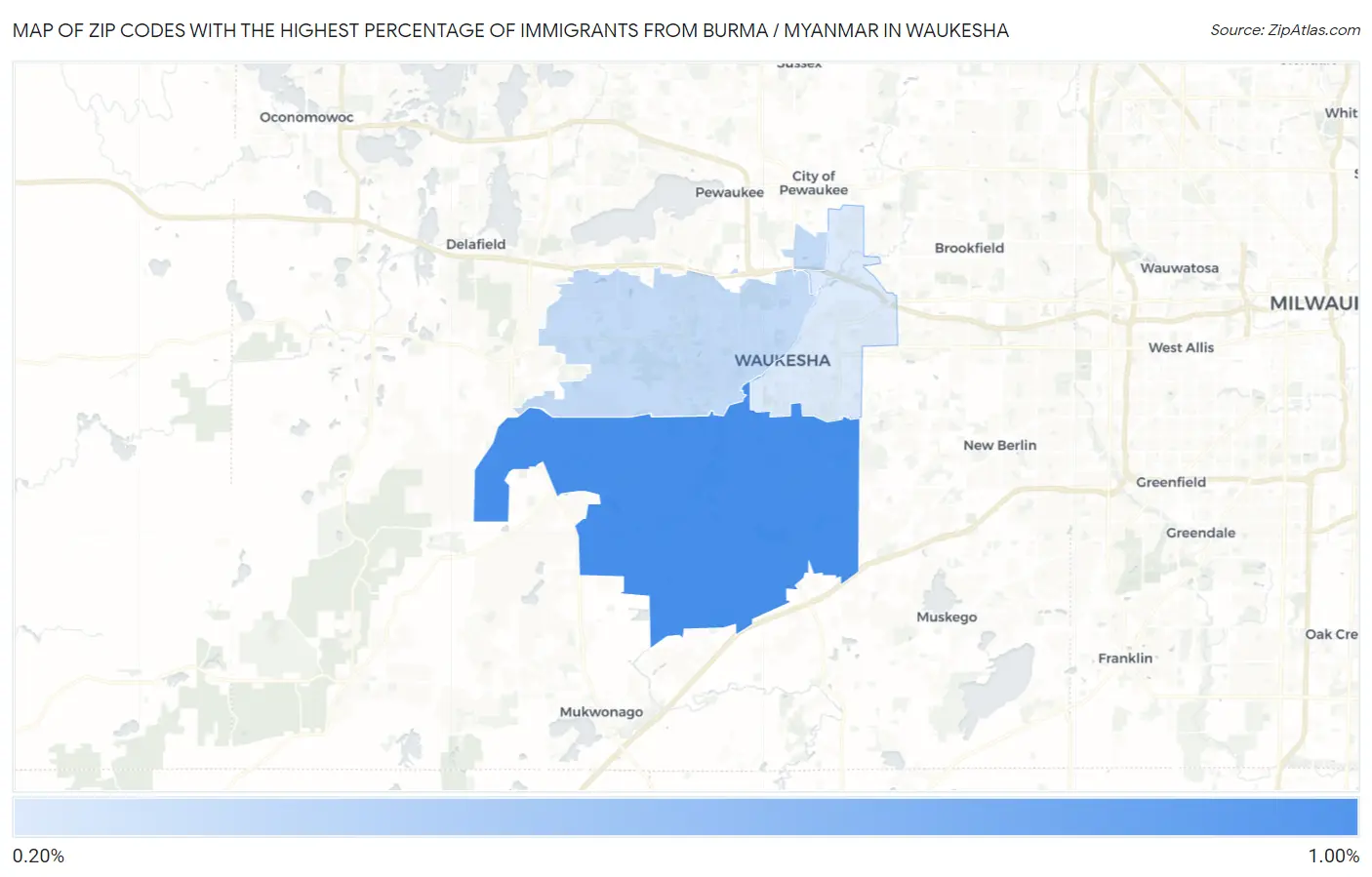 Zip Codes with the Highest Percentage of Immigrants from Burma / Myanmar in Waukesha Map