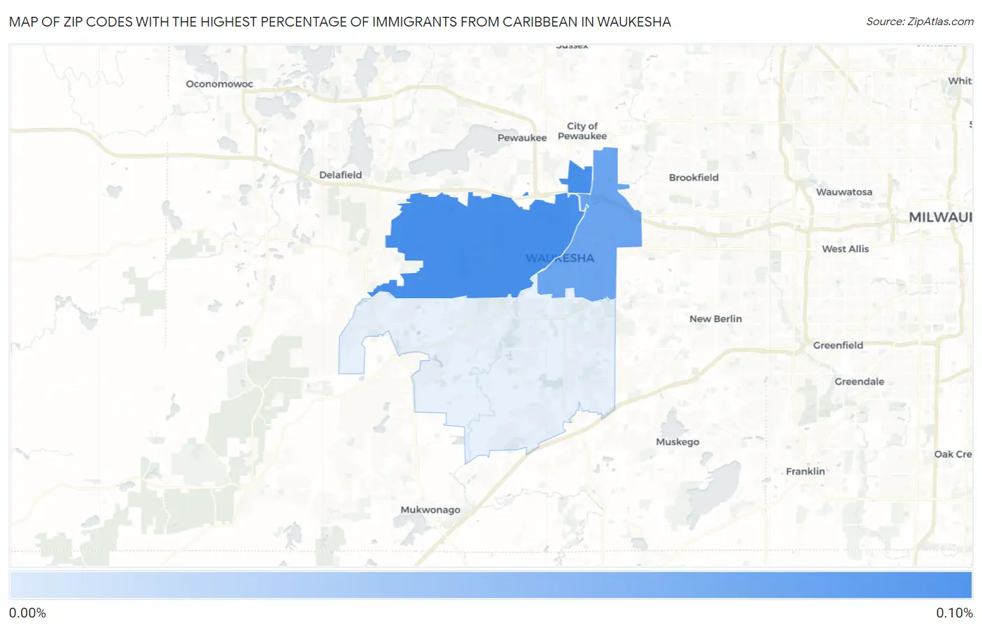 Zip Codes with the Highest Percentage of Immigrants from Caribbean in Waukesha Map