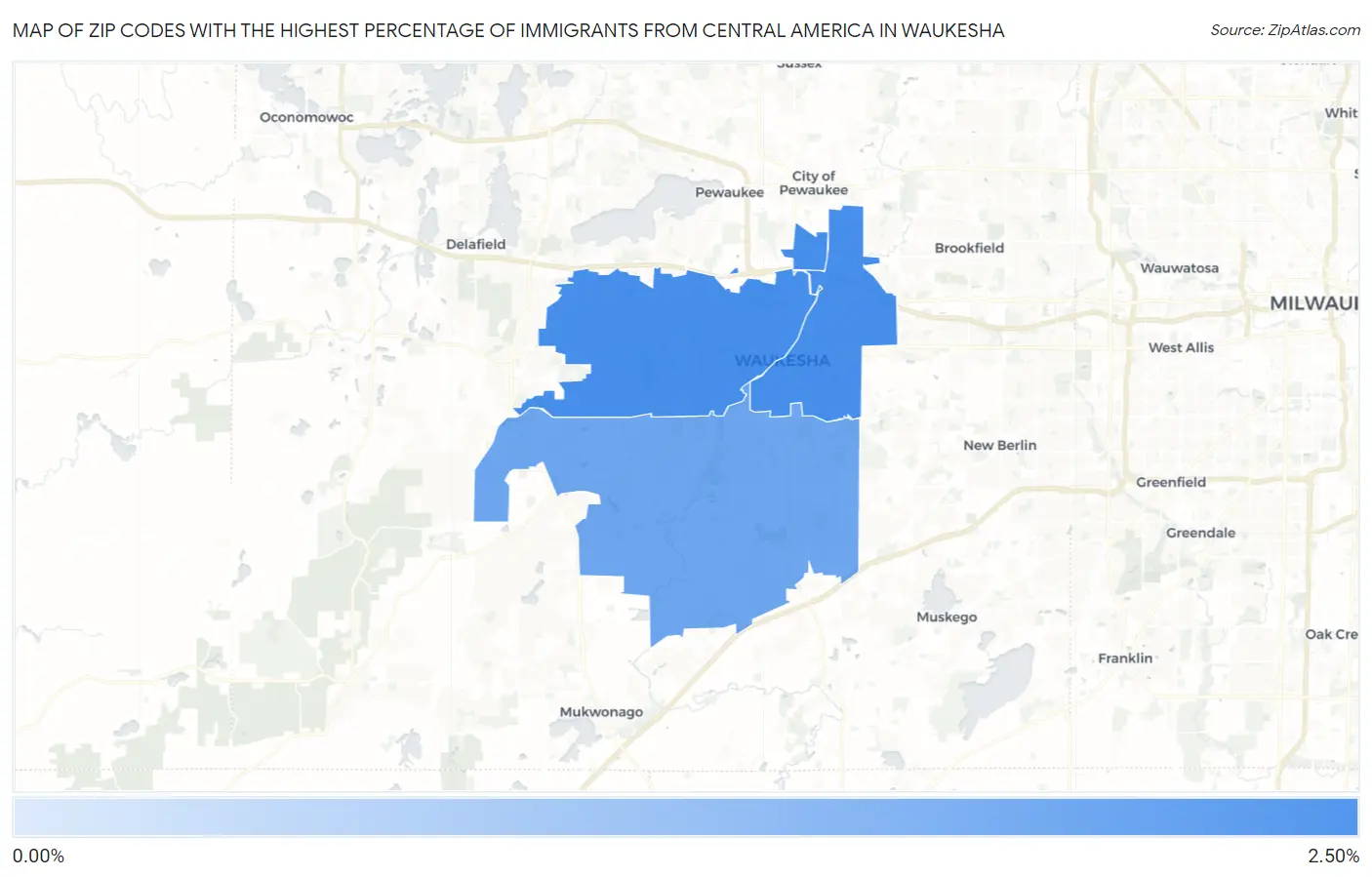 Zip Codes with the Highest Percentage of Immigrants from Central America in Waukesha Map
