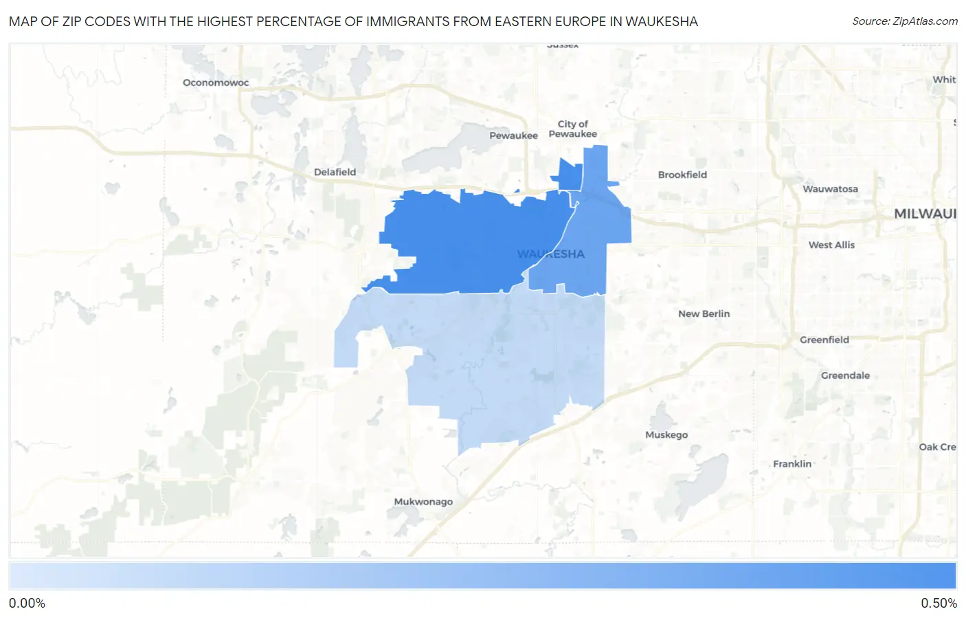 Zip Codes with the Highest Percentage of Immigrants from Eastern Europe in Waukesha Map