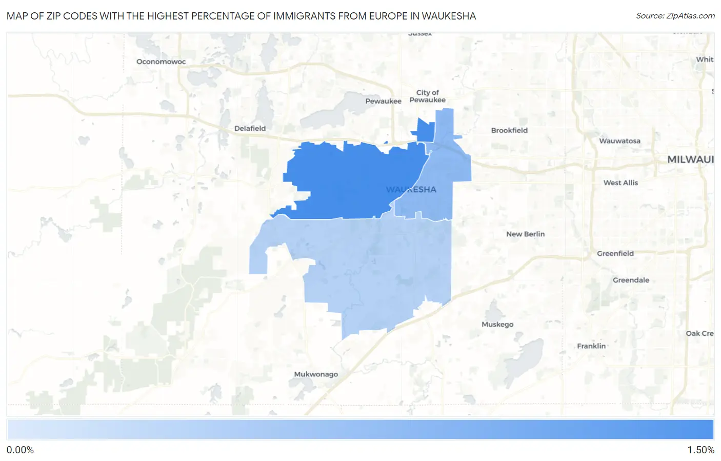 Zip Codes with the Highest Percentage of Immigrants from Europe in Waukesha Map