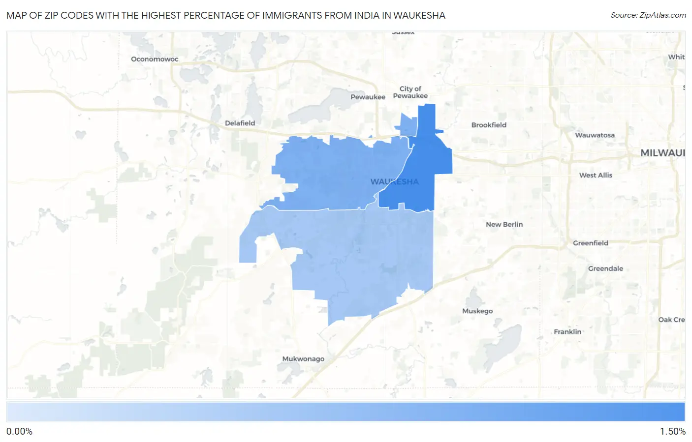 Zip Codes with the Highest Percentage of Immigrants from India in Waukesha Map