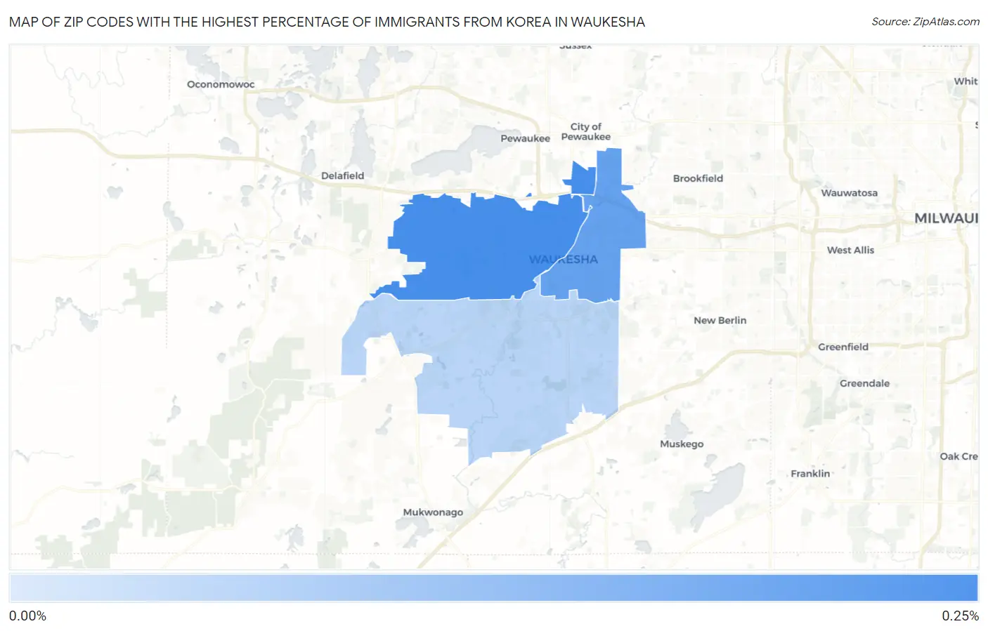 Zip Codes with the Highest Percentage of Immigrants from Korea in Waukesha Map