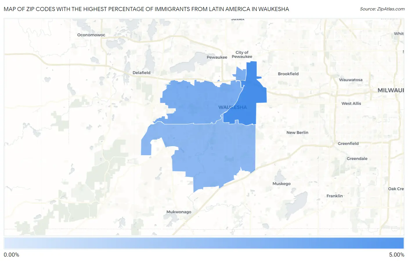 Zip Codes with the Highest Percentage of Immigrants from Latin America in Waukesha Map