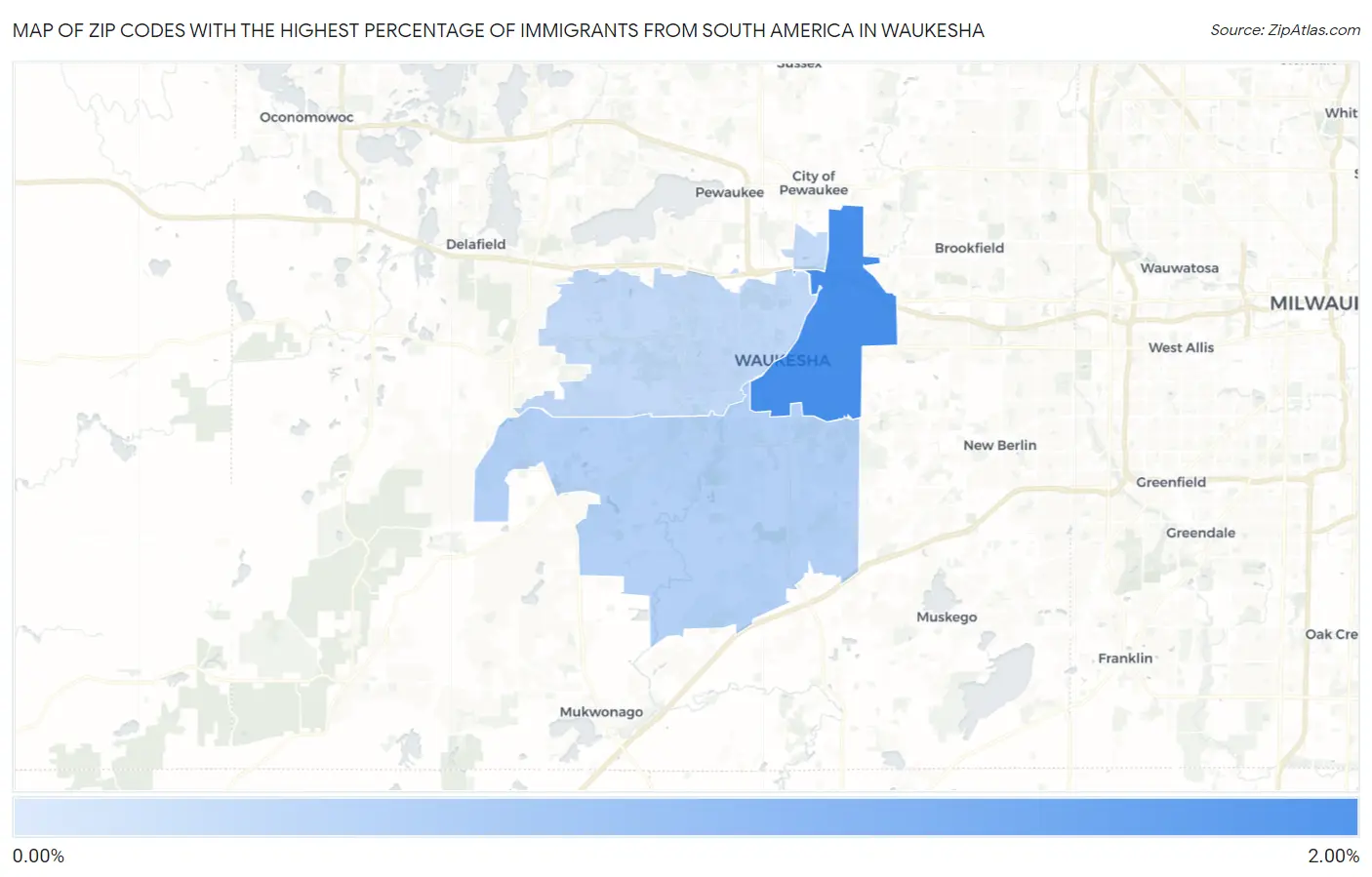 Zip Codes with the Highest Percentage of Immigrants from South America in Waukesha Map