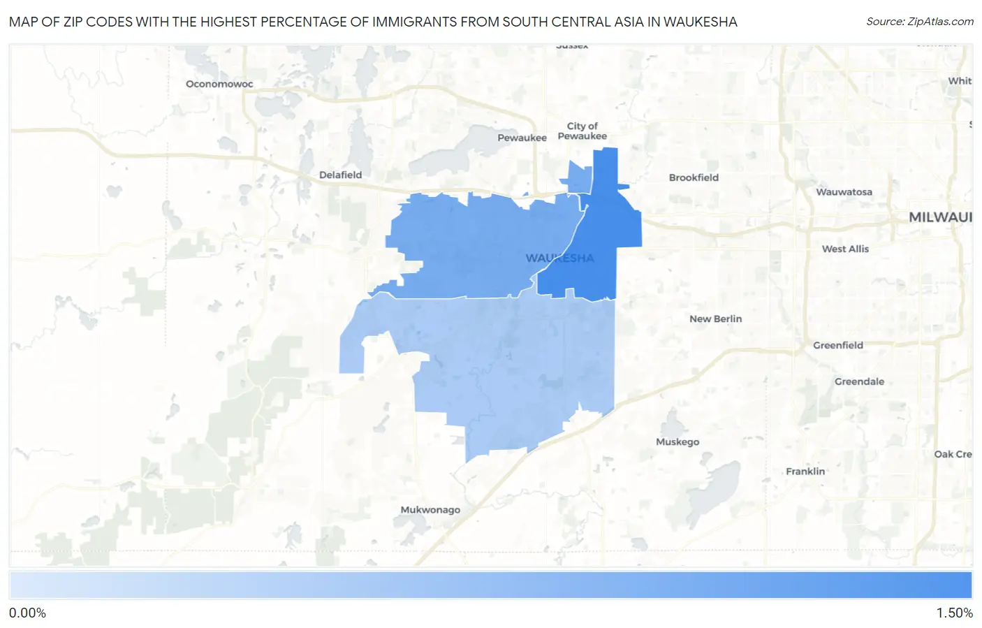Zip Codes with the Highest Percentage of Immigrants from South Central Asia in Waukesha Map