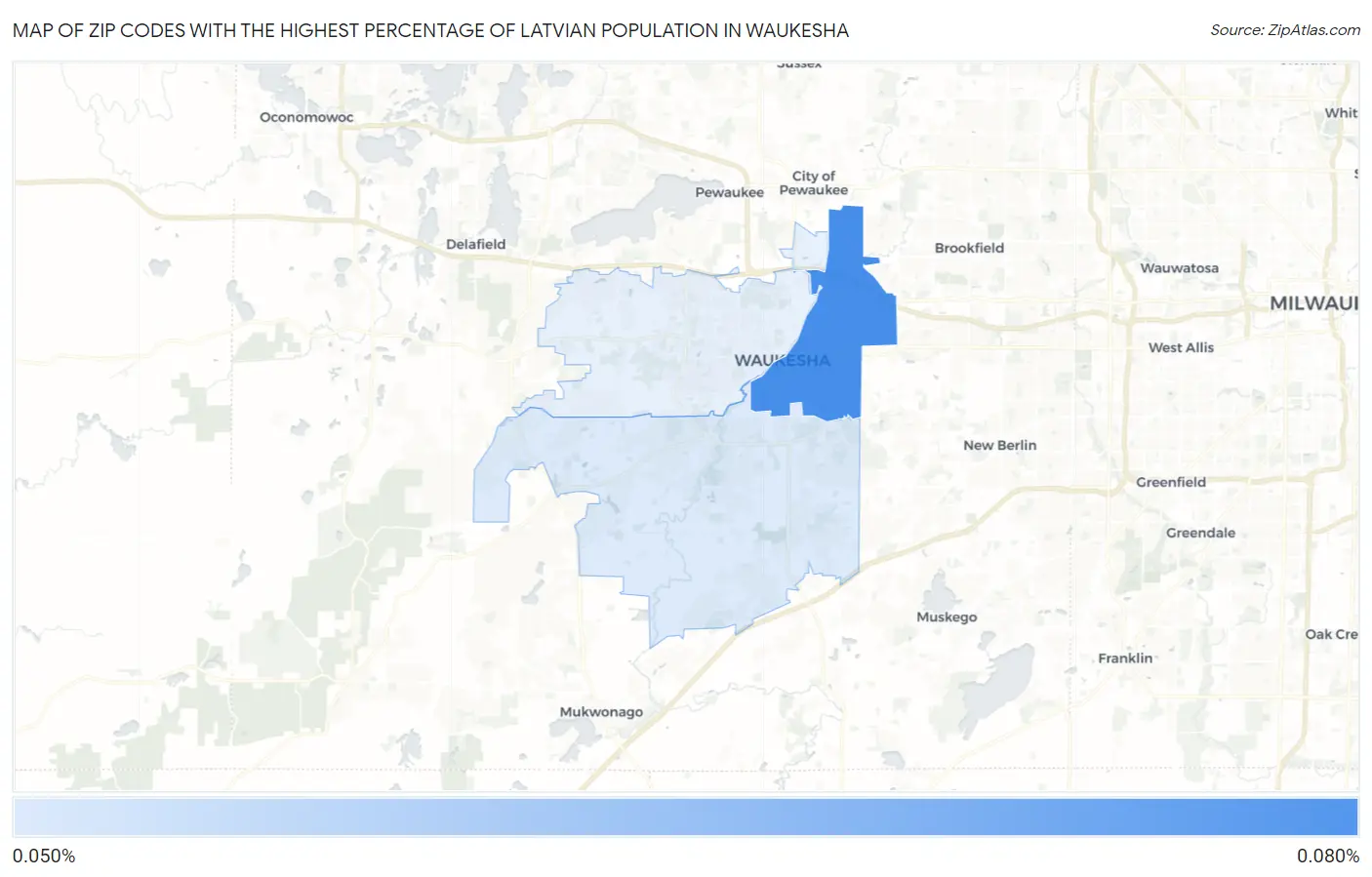 Zip Codes with the Highest Percentage of Latvian Population in Waukesha Map