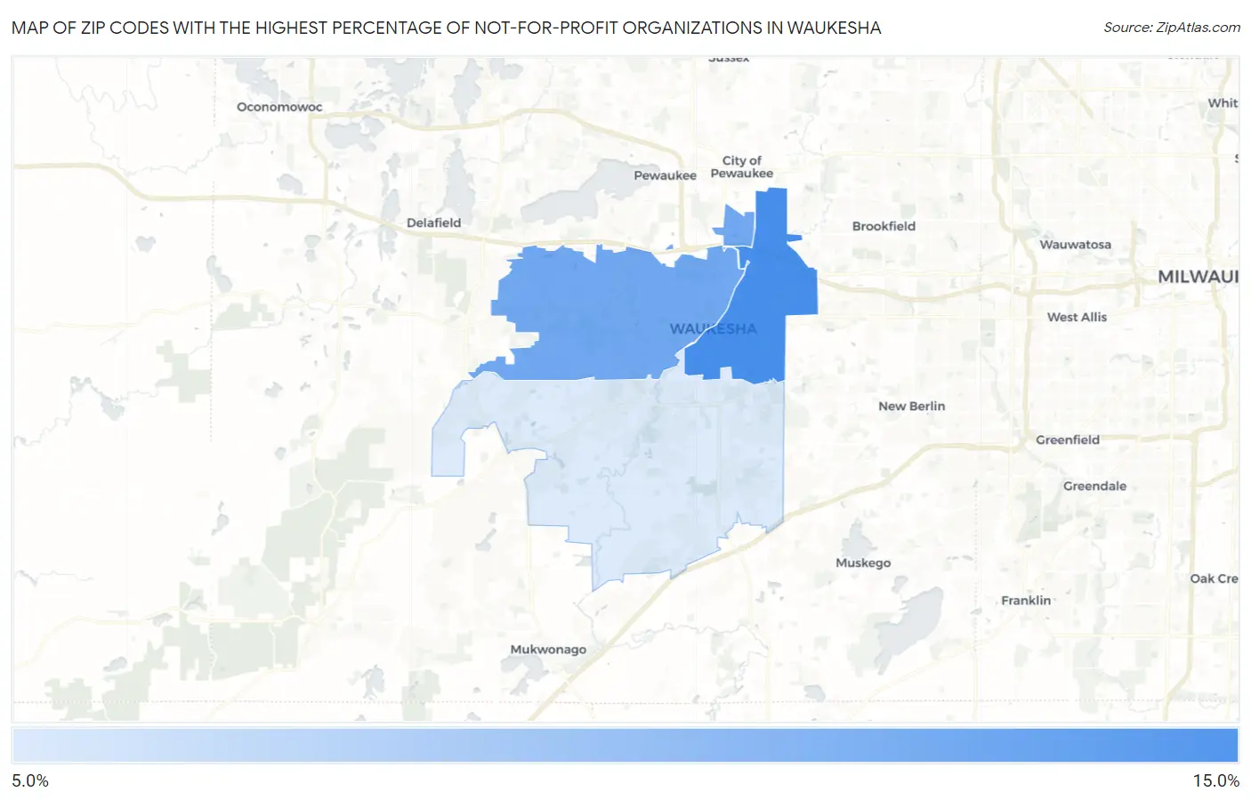 Zip Codes with the Highest Percentage of Not-for-profit Organizations in Waukesha Map