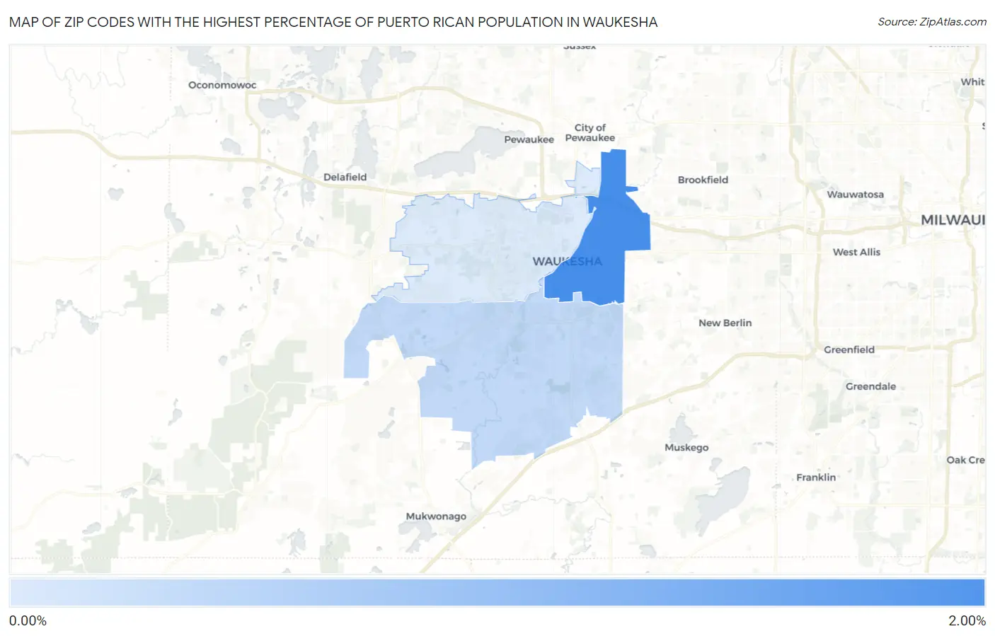 Zip Codes with the Highest Percentage of Puerto Rican Population in Waukesha Map