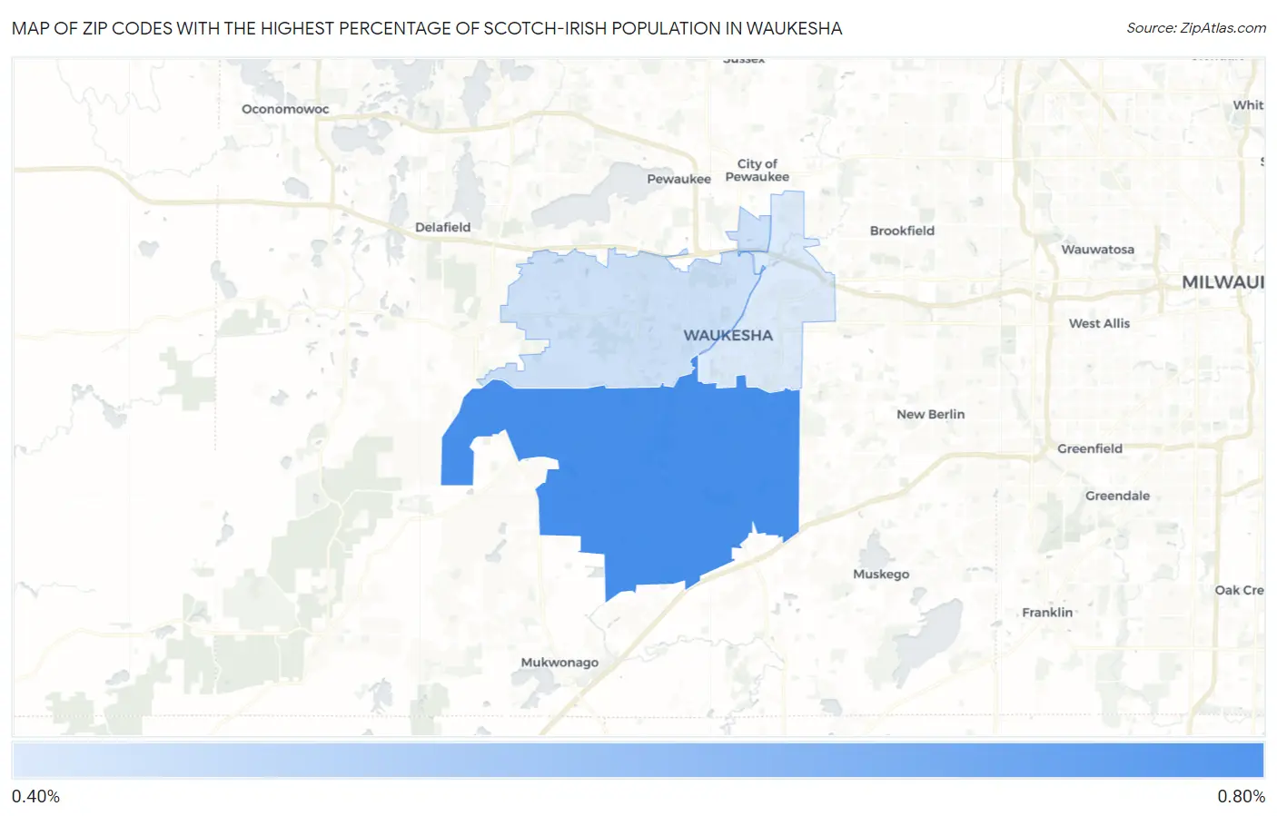 Zip Codes with the Highest Percentage of Scotch-Irish Population in Waukesha Map
