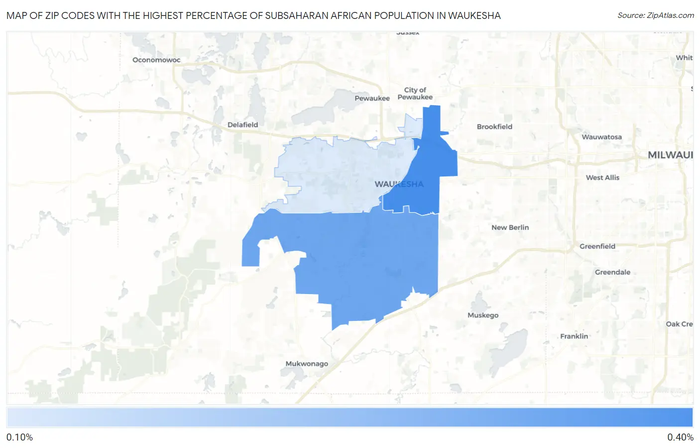 Zip Codes with the Highest Percentage of Subsaharan African Population in Waukesha Map