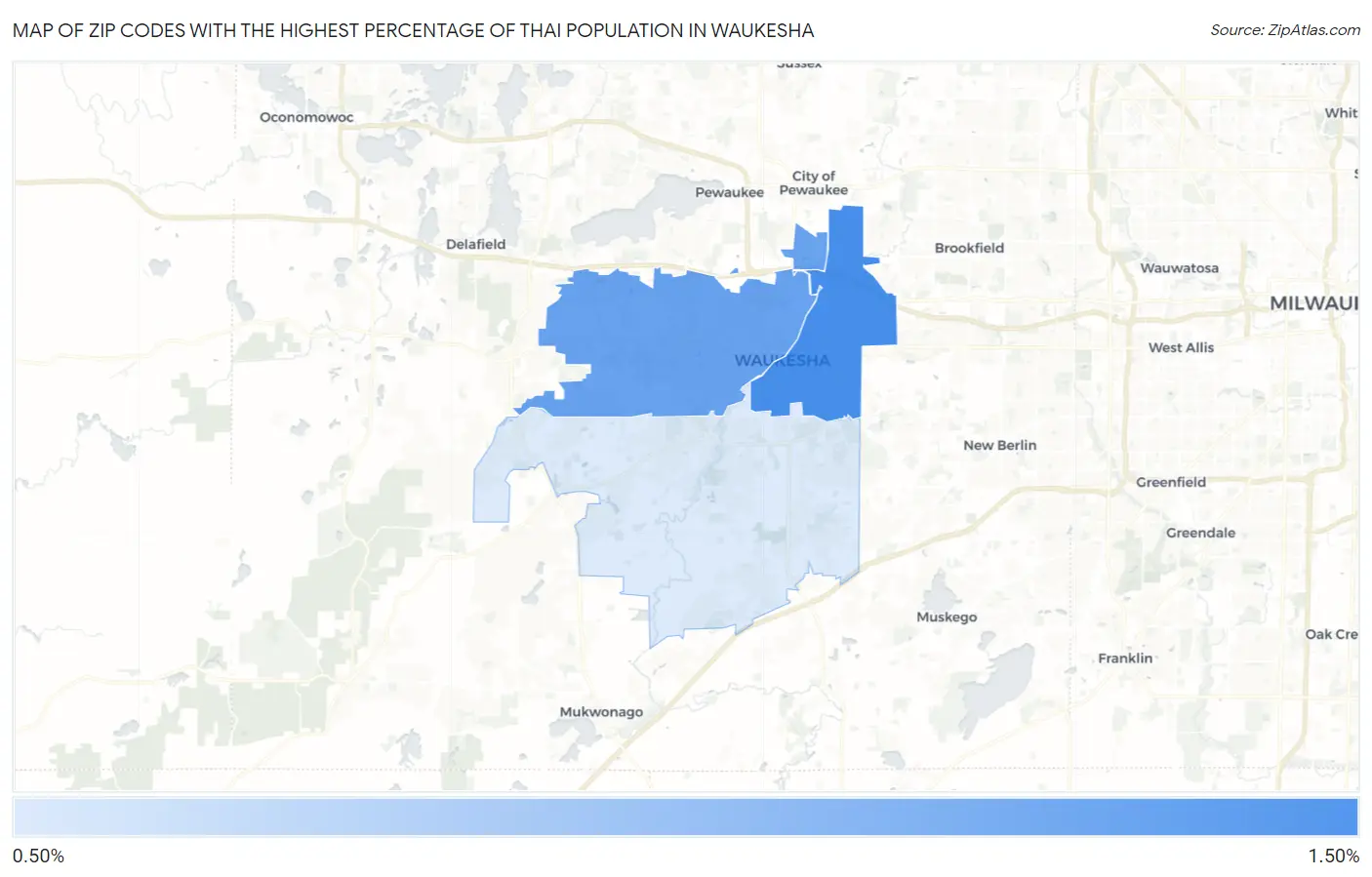 Zip Codes with the Highest Percentage of Thai Population in Waukesha Map